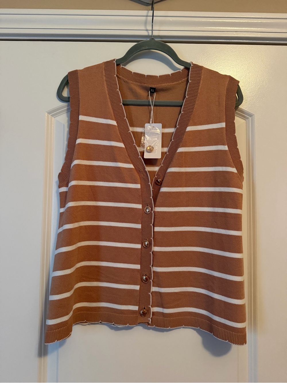 Striped Sleeveless Button-Front Knit Vest in Brown and White